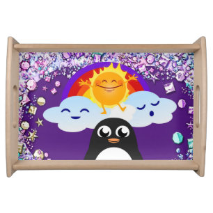 Happy Valentine's Day Penguin Sun Rainbow Serving Tray