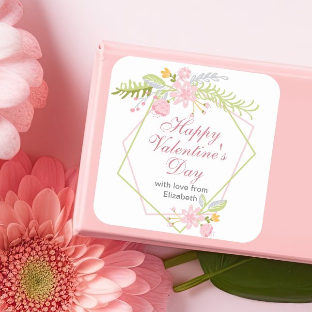 Happy Valentines Day Personalized Chic Pink Floral Square Sticker (Creator Uploaded)