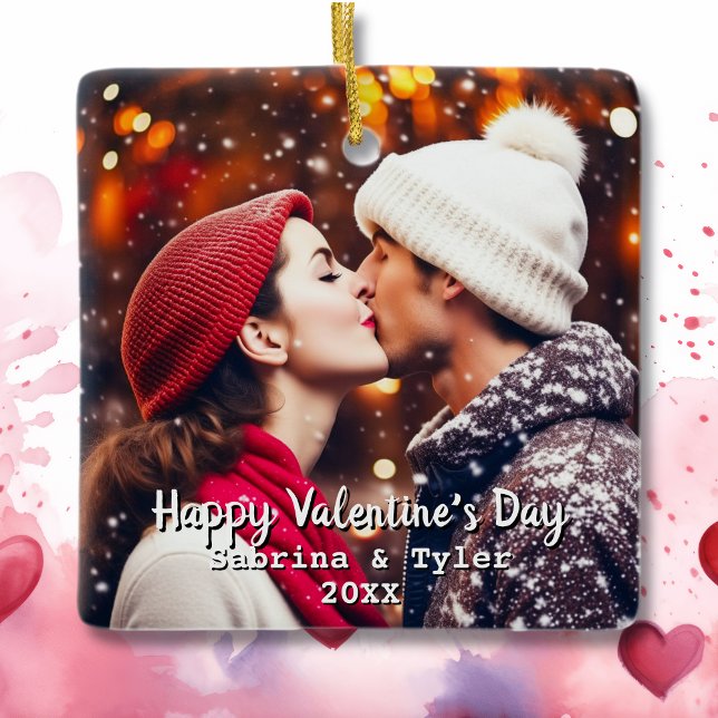 Happy Valentine's Day Personalized Photo & Names Ceramic Ornament (Creator Uploaded)