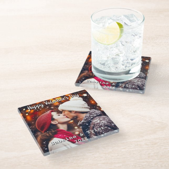 Happy Valentine's Day Personalized Photo & Names Glass Coaster (Angled)
