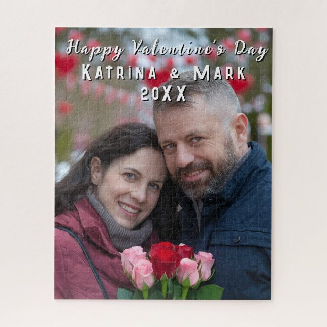 Happy Valentine's Day Personalized Photo & Names Jigsaw Puzzle (Vertical)