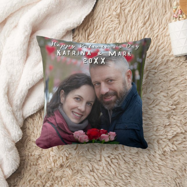 Happy Valentine's Day Personalized Photo & Names Throw Pillow (Blanket)