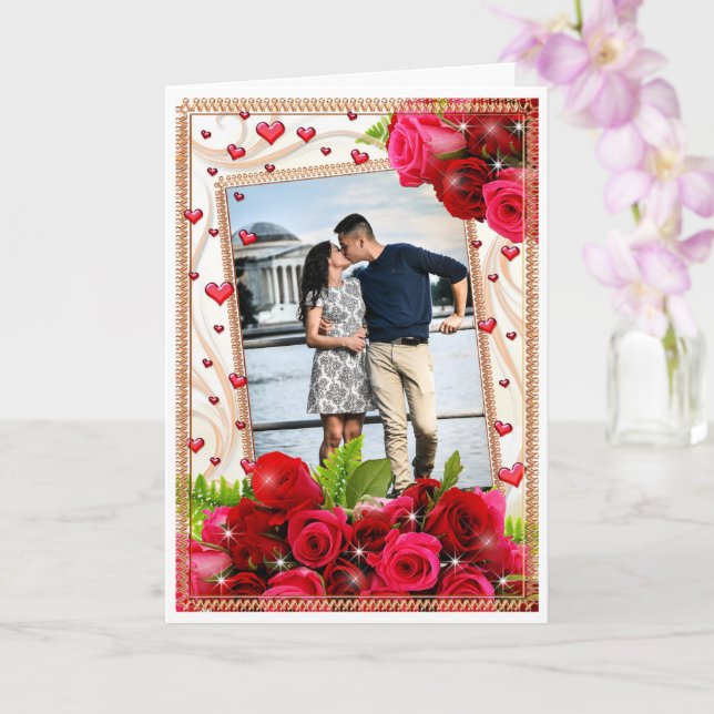 Happy Valentine's Day Photo Romantic Hearts Roses Card (Orchid)