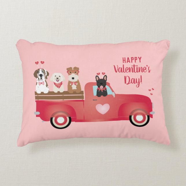 Happy Valentines Day Pickup Truck Love Dogs Accent Pillow (Front)