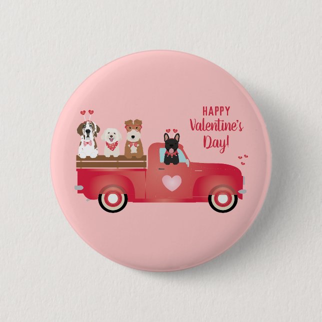 Happy Valentines Day Pickup Truck Love Dogs Button (Front)