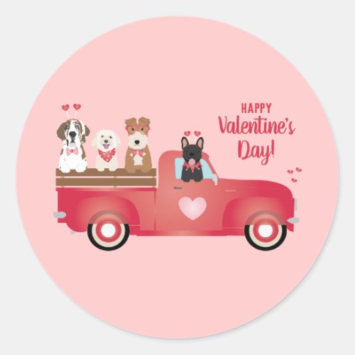 Happy Valentines Day Pickup Truck Love Dogs Classic Round Sticker