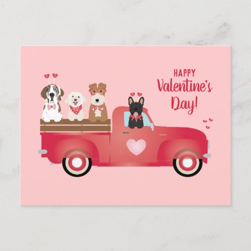 Happy Valentines Day Pickup Truck Love Dogs Holiday Postcard