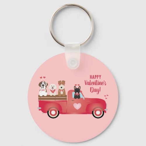Happy Valentines Day Pickup Truck Love Dogs Keychain