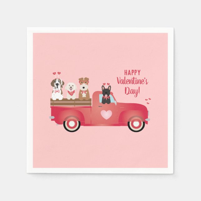 Happy Valentines Day Pickup Truck Love Dogs Napkins (Front)