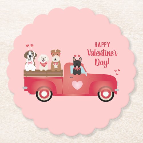 Happy Valentines Day Pickup Truck Love Dogs Paper Coaster