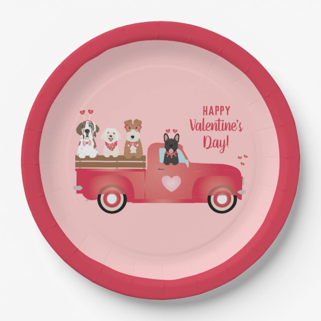 Happy Valentines Day Pickup Truck Love Dogs Paper Plates (Front)