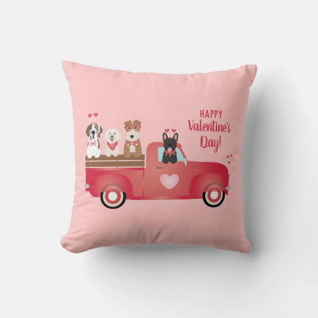 Happy Valentines Day Pickup Truck Love Dogs Throw Pillow (Front)