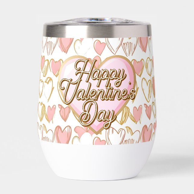 Happy Valentine's Day | Pink and Gold Hearts Thermal Wine Tumbler (Front)