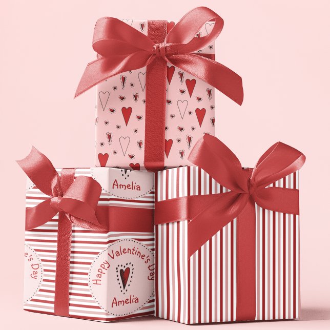 Happy Valentines Day Pink and Red Stripes & Hearts Wrapping Paper Sheets (Cute Happy Valentine's Day Wrapping Paper for Kids. Red, Pink and White Stripes and Red Hearts. )