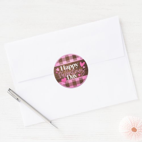 Happy Valentines Day Pink and Wood Plaid Classic Round Sticker