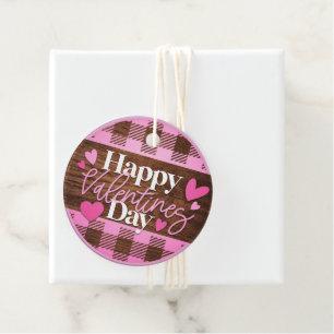 Happy Valentines Day Pink and Wood Plaid Favor Tags