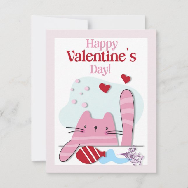 Happy Valentines Day Pink Cat Kitten Card (Front)
