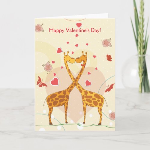 Happy Valentines Day Pink Cute Giraffes Red Heart Holiday Card