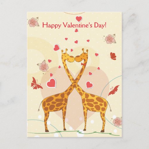 Happy Valentines Day Pink Cute Giraffes Red Heart Holiday Postcard
