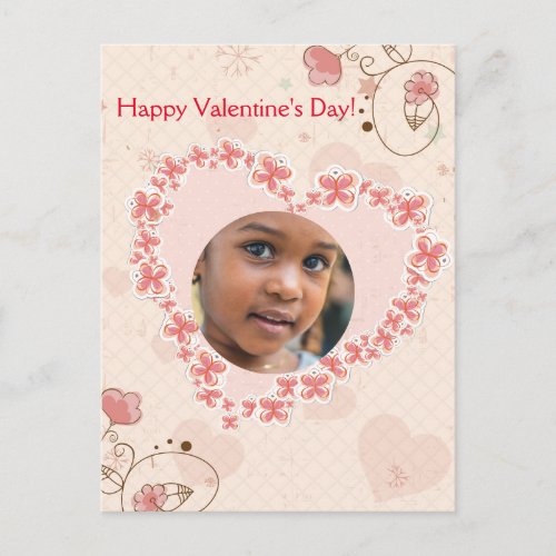 Happy Valentines Day Pink Floral Heart Photo Holiday Postcard