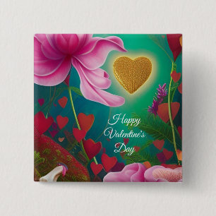 Happy Valentines Day -Pink Flowers and Hearts Button