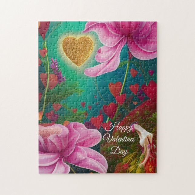 Happy Valentines Day -Pink Flowers and Hearts  Jigsaw Puzzle (Vertical)
