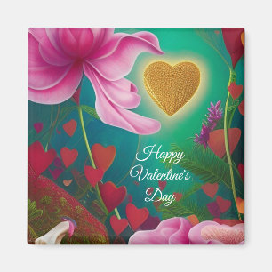 Happy Valentines Day -Pink Flowers and Hearts Magnet
