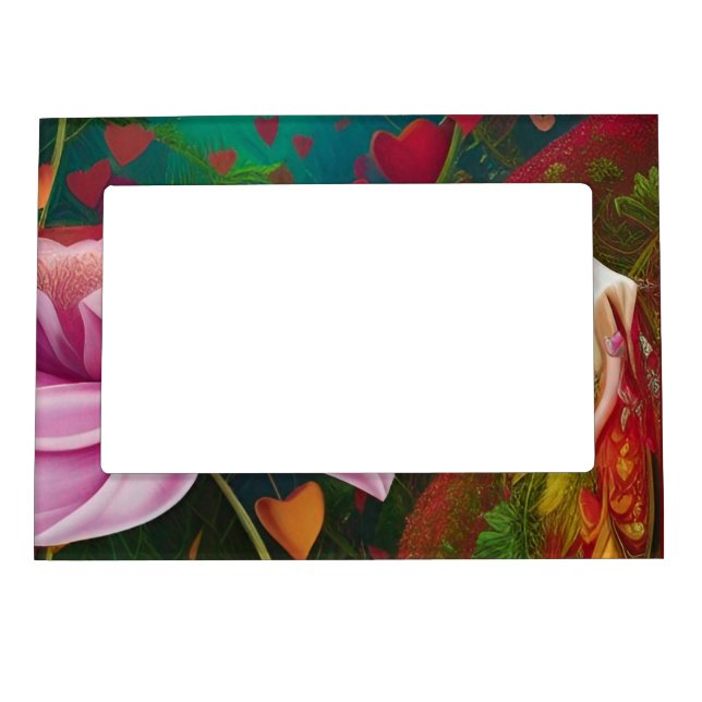 Happy Valentines Day -Pink Flowers and Hearts   Magnetic Frame (Front)