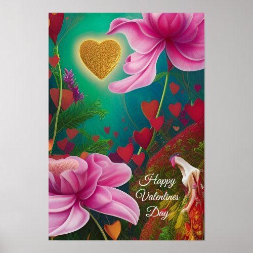 Happy Valentines Day _Pink Flowers and Hearts  Poster