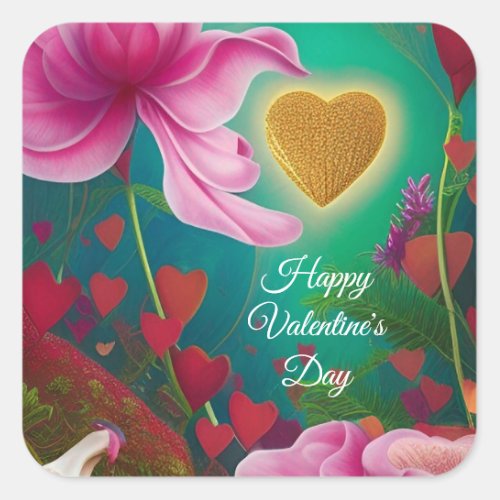 Happy Valentines Day _Pink Flowers and Hearts Square Sticker