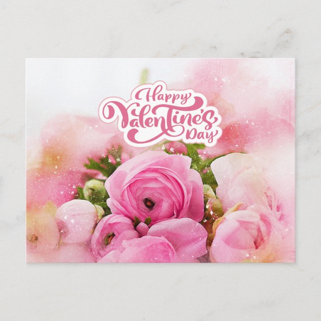 Happy Valentine's Day Pink Flowers  Postcard (Front)