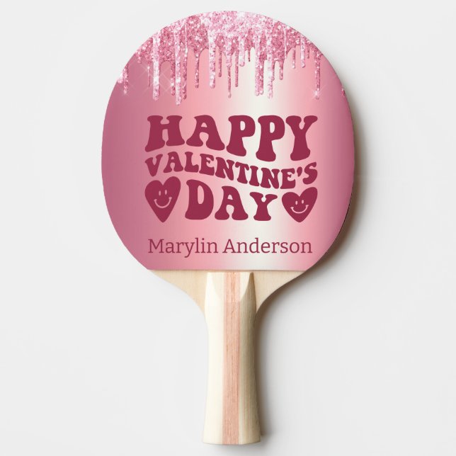 HAPPY VALENTINE'S DAY PINK GLITTER DRIP CUSTOM PING PONG PADDLE (Front)