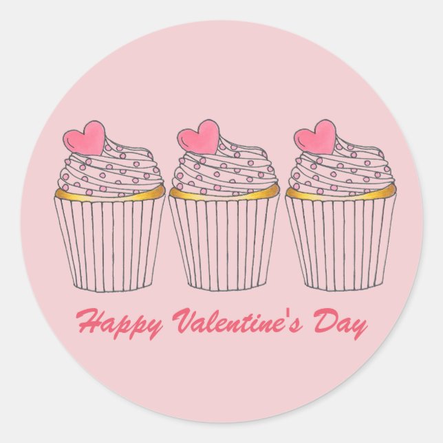 Happy Valentine's Day Pink Heart Cupcake Love Classic Round Sticker (Front)