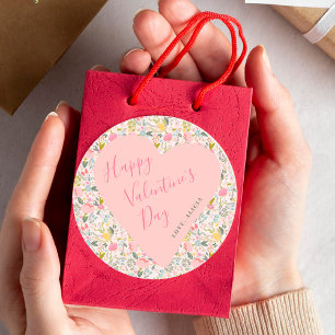 Happy Valentines Day pink heart floral Classic Round Sticker
