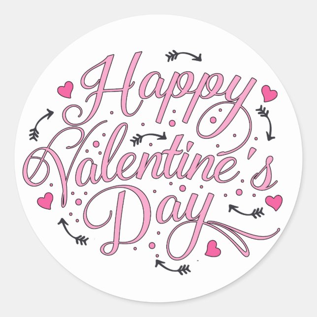 Happy Valentine's Day Pink Hearts Arrow Classic Round Sticker (Front)