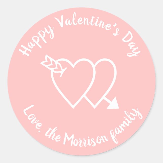 Happy Valentine's Day pink hearts custom script  Classic Round Sticker (Front)