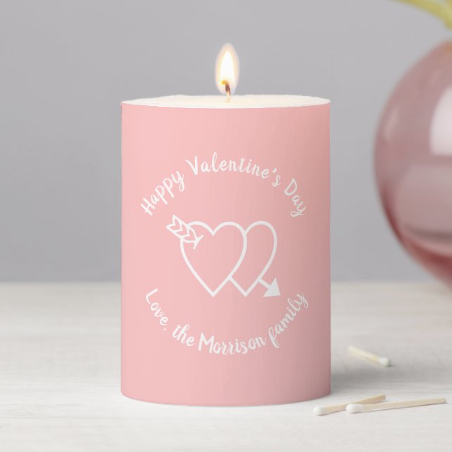 Happy Valentine's Day pink hearts custom script Pillar Candle (In Situ)
