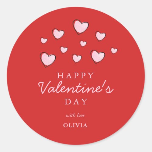 Happy Valentines Day Pink hearts on Red   Classic Round Sticker