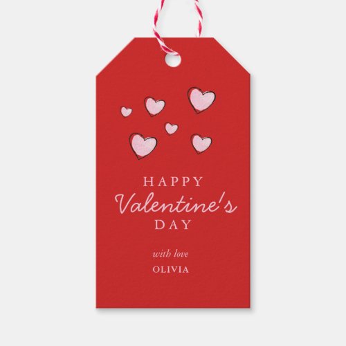 Happy Valentines Day Pink hearts on Red  Gift Tags