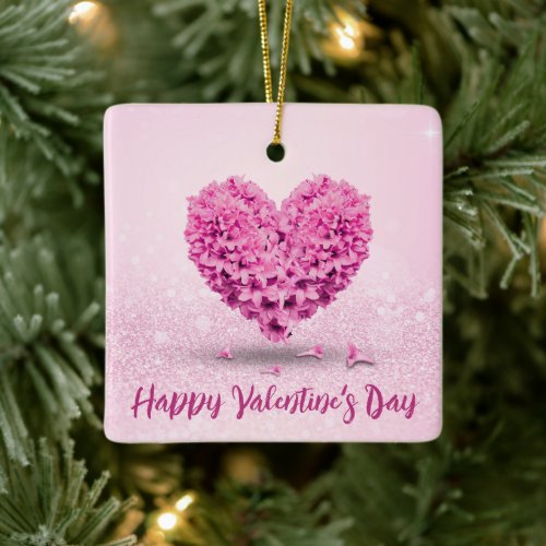 Happy Valentines Day Pink Hyacinth Lovely Heart Ceramic Ornament