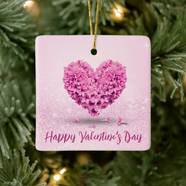 Happy Valentine's Day Pink Hyacinth Lovely Heart Ceramic Ornament (Tree)