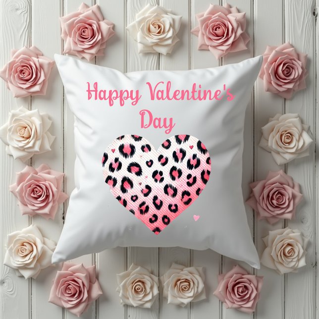 happy valentine's day pink leopard heart throw pillow (Creator Uploaded)