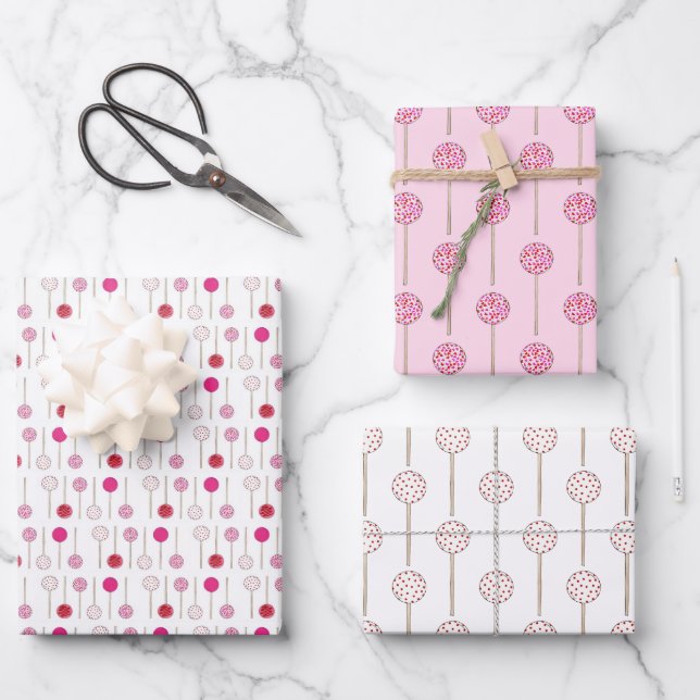 Happy Valentine's Day Pink Red Cake Pops Valentine Wrapping Paper Sheets (Front)