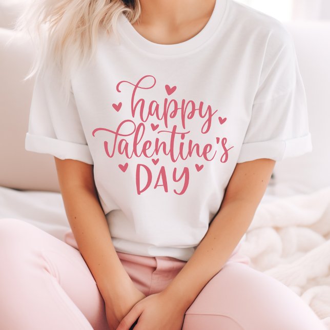 Happy Valentine's Day Pink Script With Hearts T-Shirt (Happy Valentine's Day Pink Script With Hearts T-Shirt)