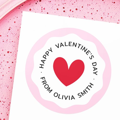 Happy Valentines day pink wavy border red heart Classic Round Sticker