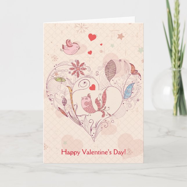 Happy Valentine's Day Pink Whimsical Flowers Birds Holiday Card (Front)
