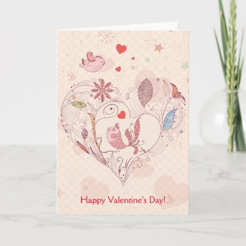 Happy Valentines Day Pink Whimsical Flowers Birds Holiday Card