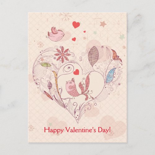 Happy Valentines Day Pink Whimsical Flowers Birds Holiday Postcard