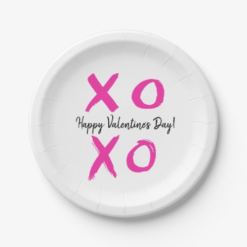Happy Valentines Day Pink white XOXO Paper Plates