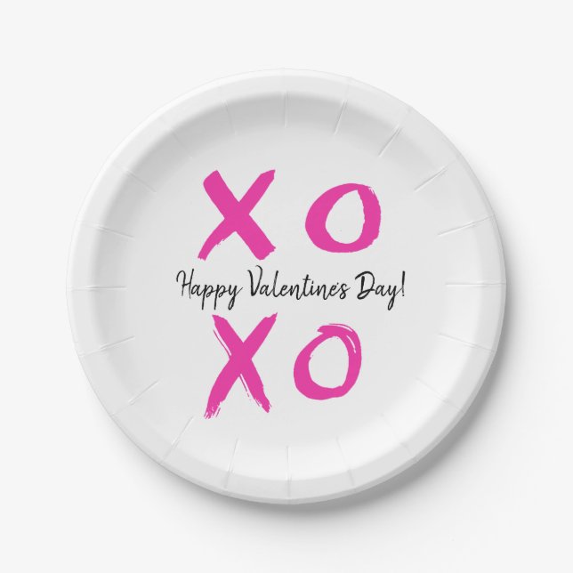 Happy Valentine's Day Pink white XOXO Paper Plates (Front)